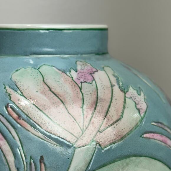 J837 - Light Blue Porcelain Vase With pink Flowers - 10in Tall - Picture 6 of 11